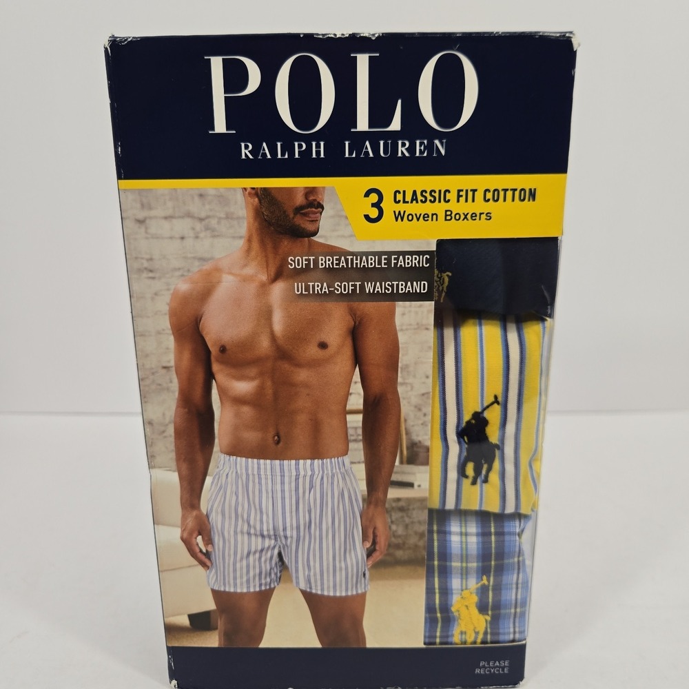 Polo Ralph Lauren Mens XL Classic Fit Cotton Woven Boxers Yellow Blue Navy Pony